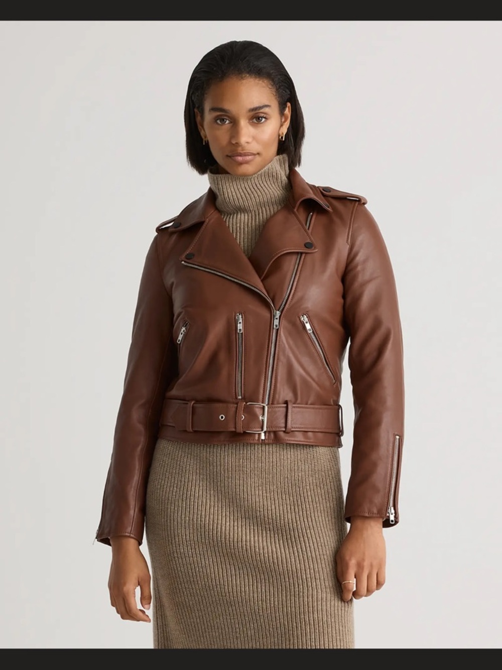 Quince Brown Leather Moto Jacket with Belted Waist